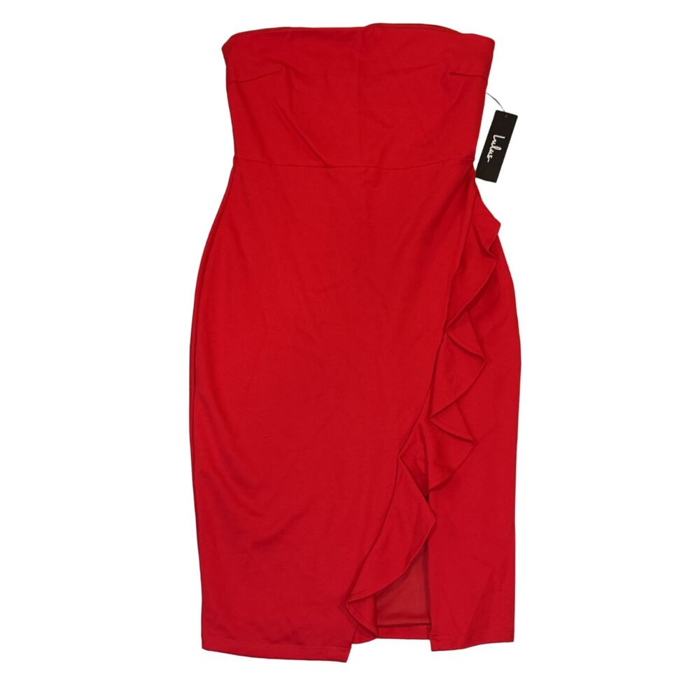 NWT Lulus Red Anika Strapless Ruffle Wrap Cocktail Dress Side Slit Sz M Bodycon